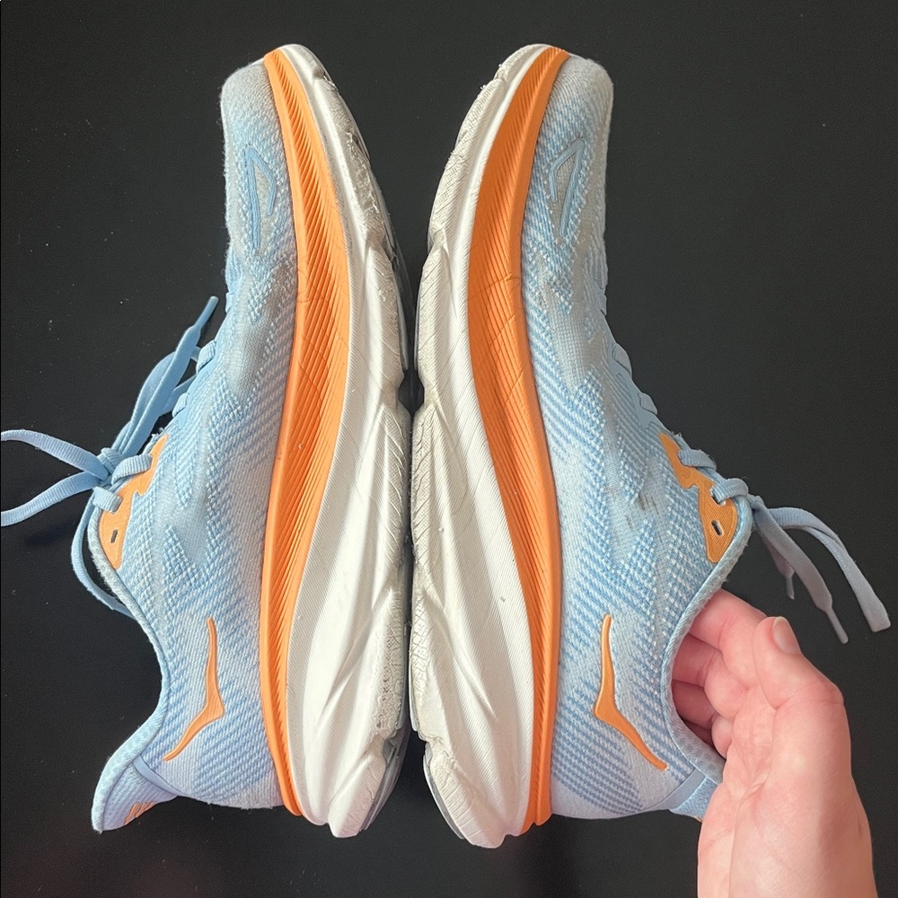 Hoka Women’s Clifton 9 Running Shoes - Light Blue, Orange & Pink Accents - Picture 4 of 12